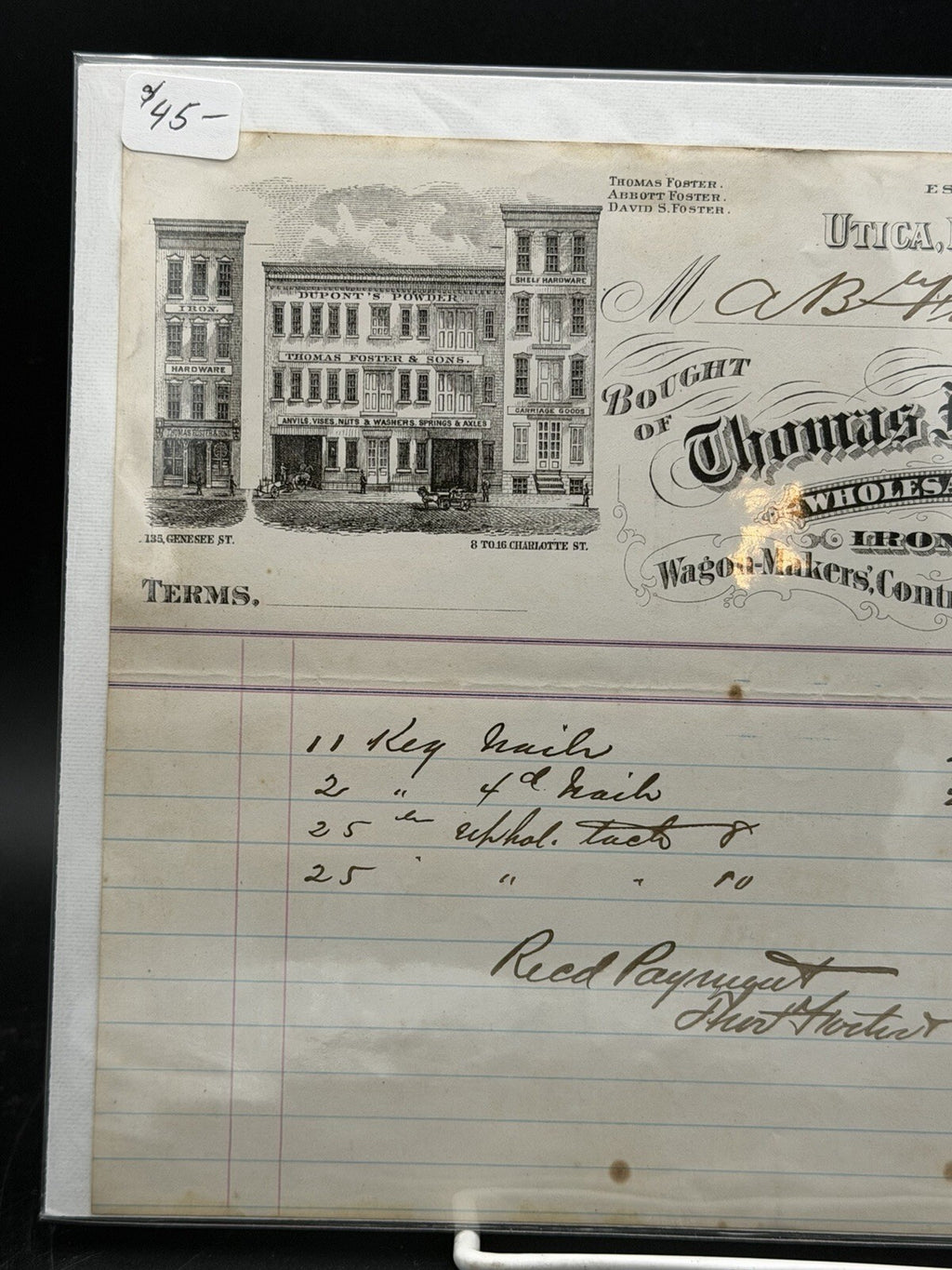 1879 Thomas Foster and Sons Invoice – Utica NY Wholesale Hardware Store Art