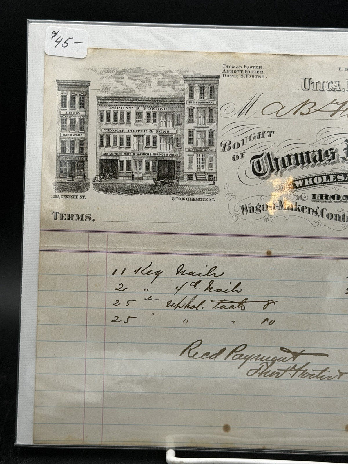 1879 Thomas Foster and Sons Invoice – Utica NY Wholesale Hardware Store Art