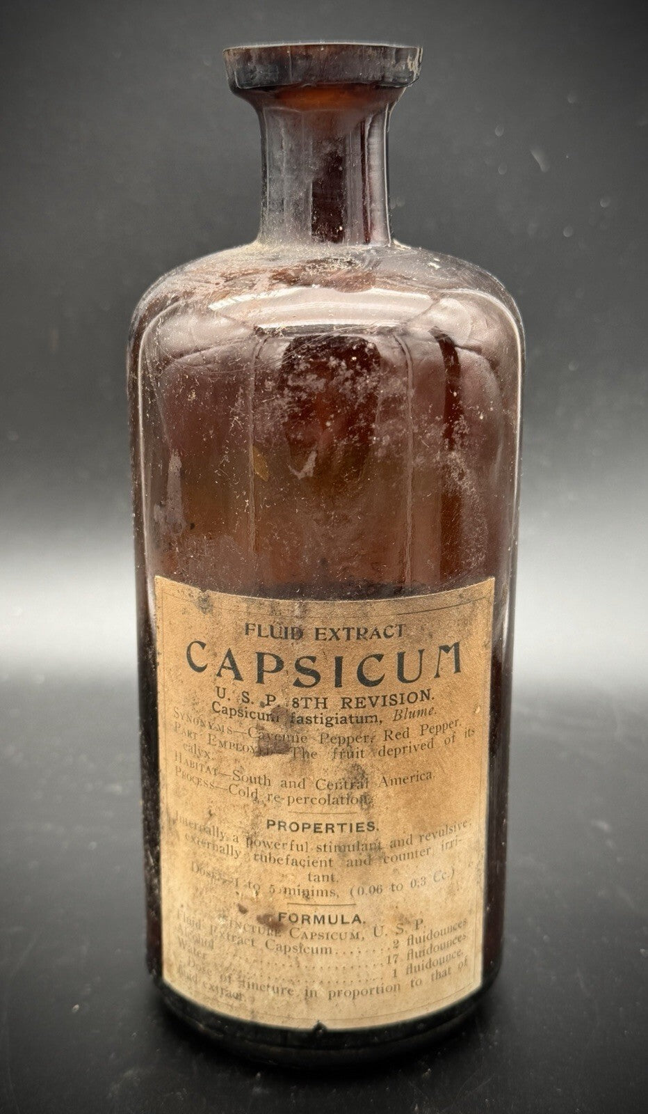 Antique F.A. Thompson Capsicum Amber Glass Apothecary Bottle Detroit Label
