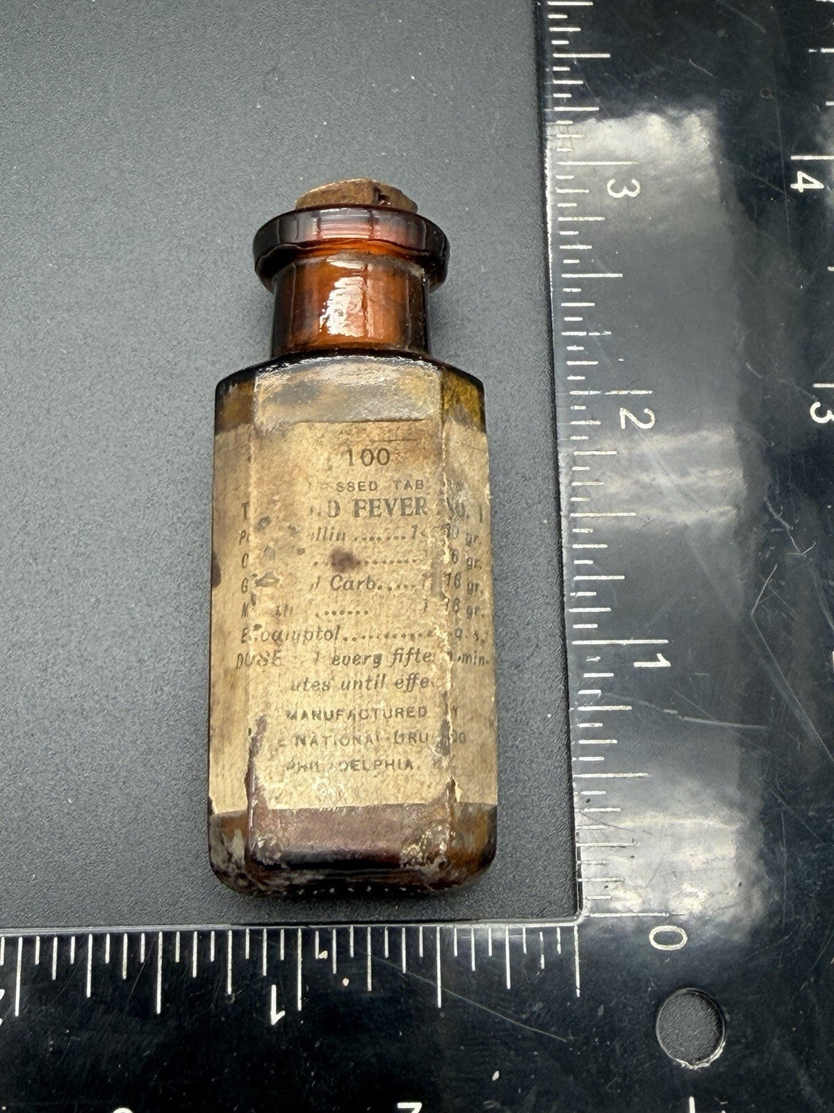 Antique National Drug Co. Cold Fever Amber Bottle w/ Original Pills & Label