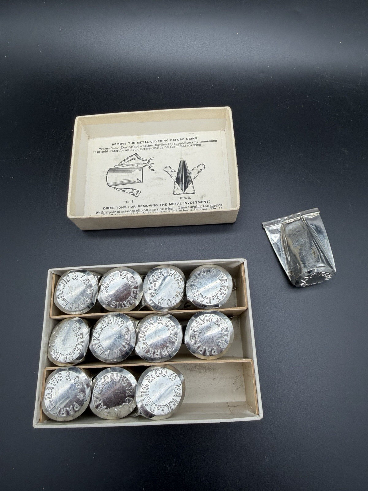 Antique Parke Davis and Co. Metal Foil Suppository Box with Inserts
