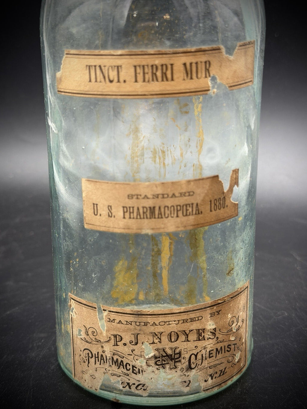 Antique PJ Noyes Pharmacy Bottle Tinct Ferri Mur 1880 NH Apothecary
