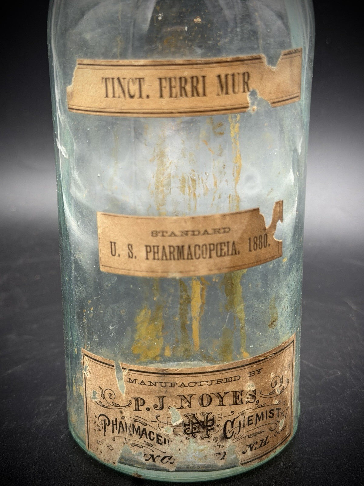 Antique PJ Noyes Pharmacy Bottle Tinct Ferri Mur 1880 NH Apothecary