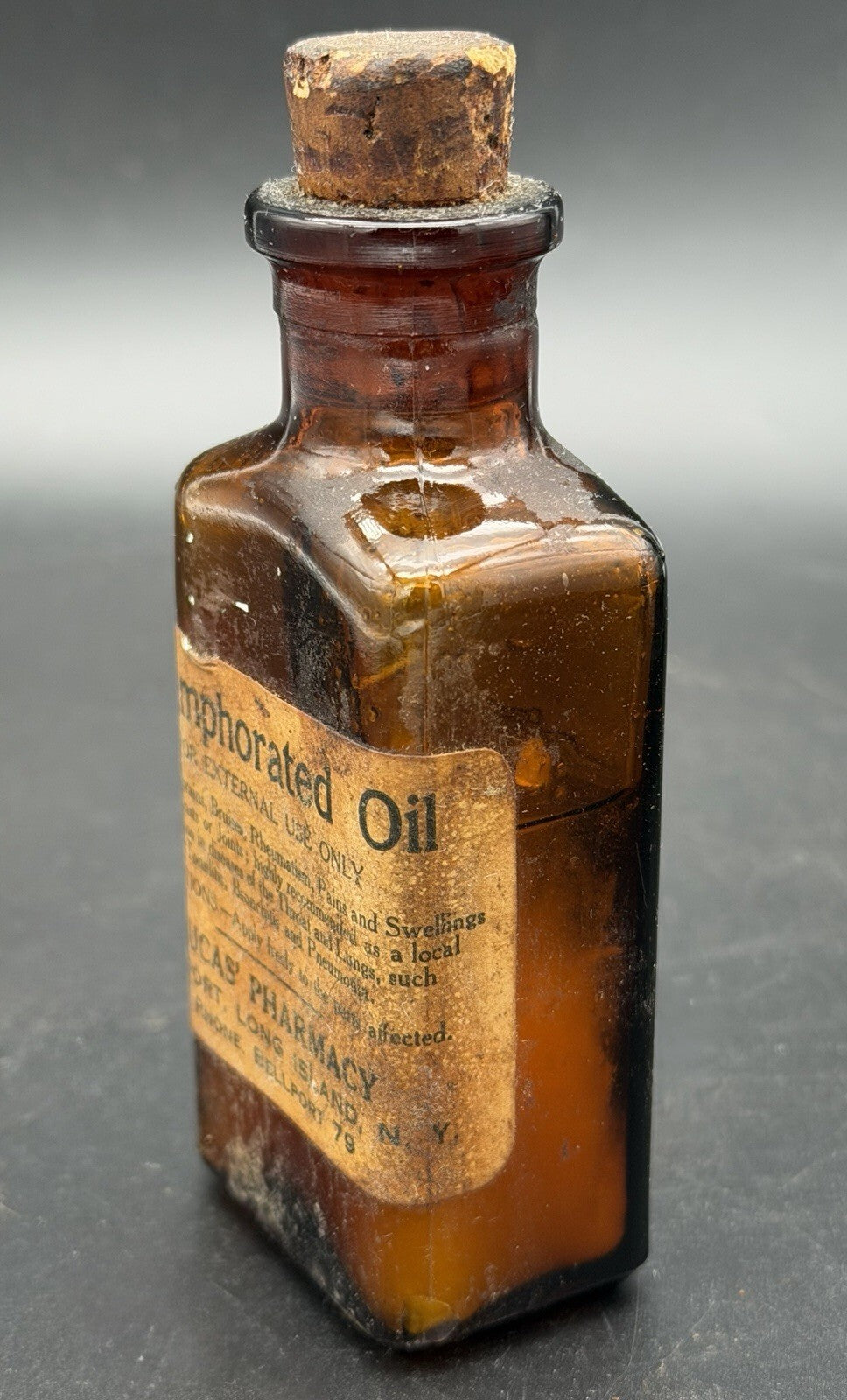 Antique Lucas' Pharmacy Camphorated Oil Amber Glass Bottle Bellport NY Cork