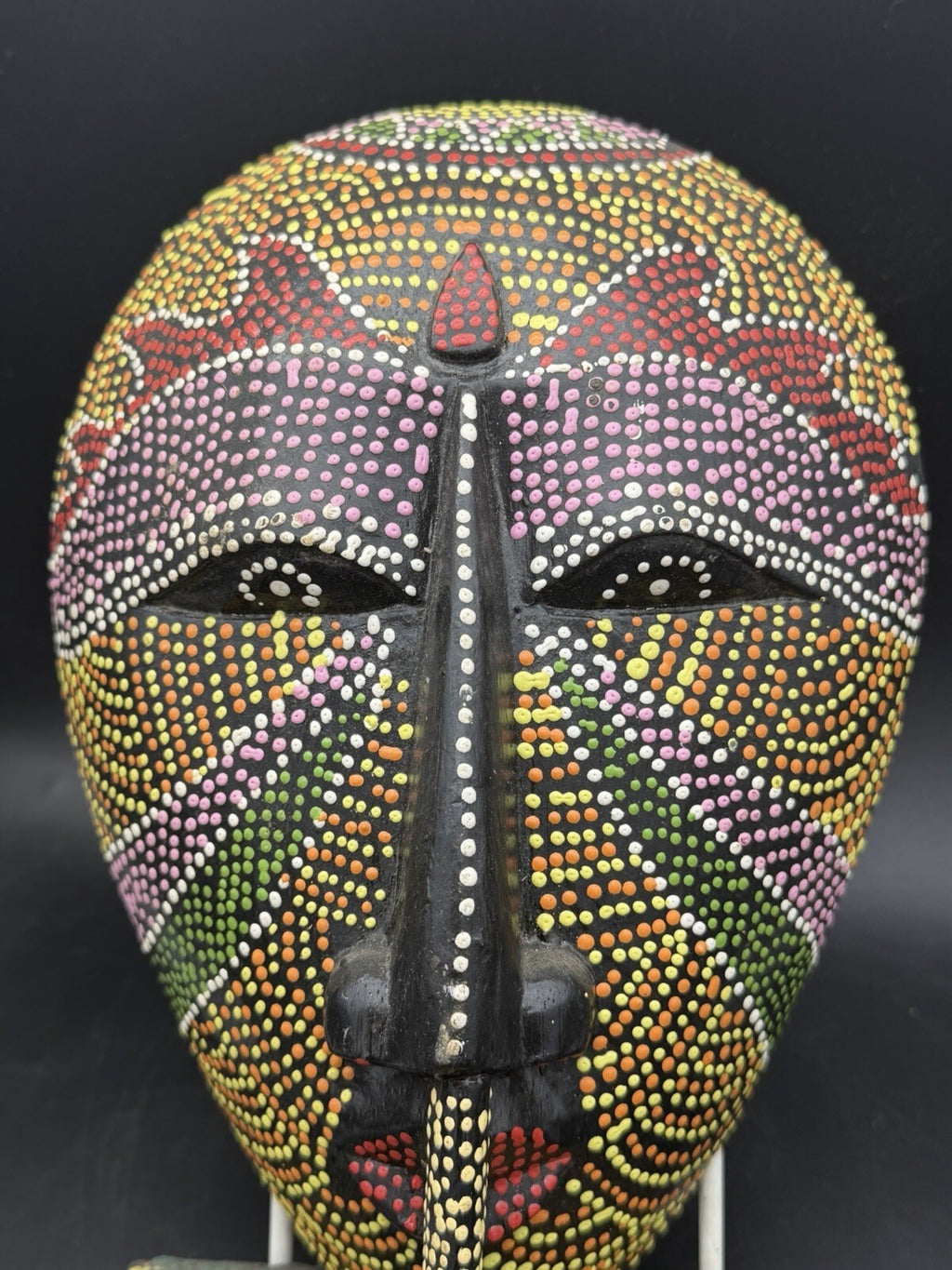 Hand Carved Wood Dot Painted Shhh Silence Mask Finger to Lips Indonesia 11.5"