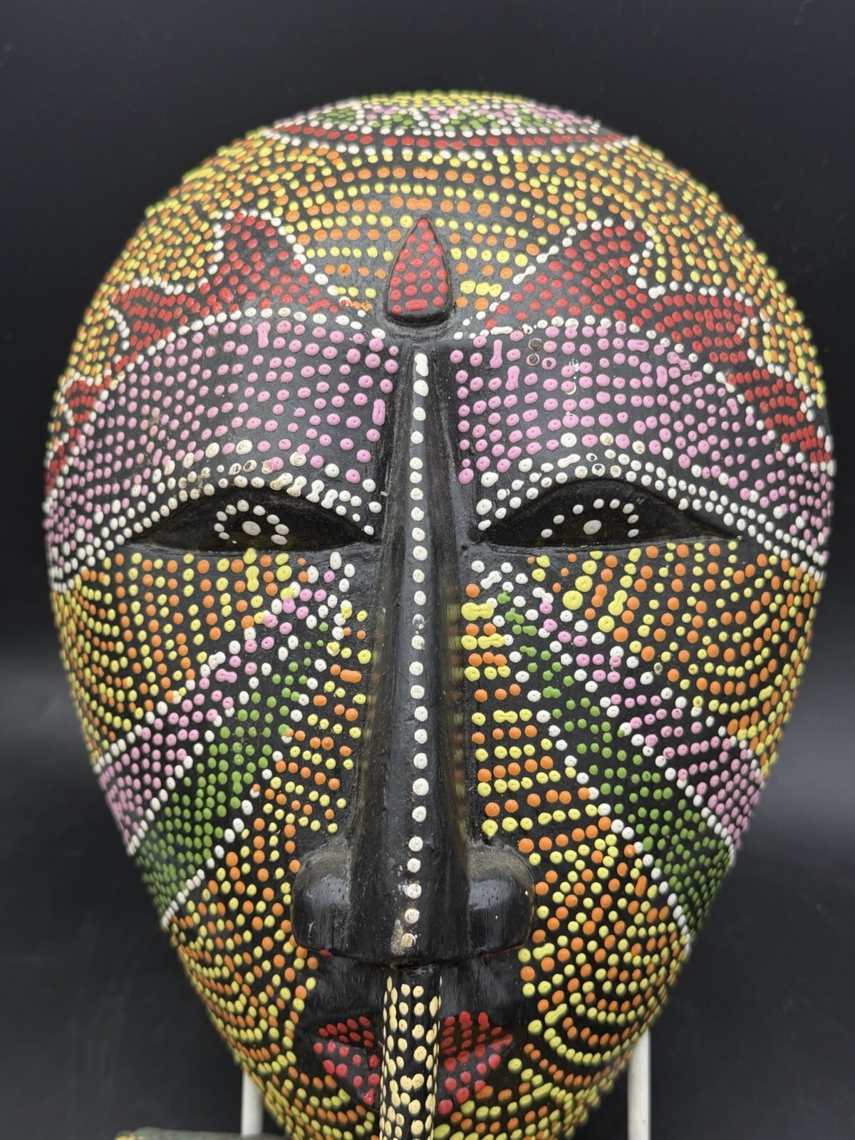 Hand Carved Wood Dot Painted Shhh Silence Mask Finger to Lips Indonesia 11.5"