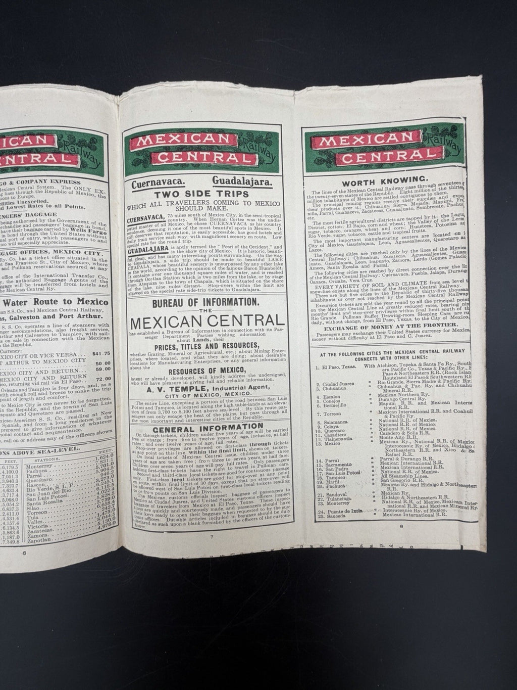 1906 Mexican Central Railway Ephemera Map & Schedule Vintage Railroad Ephemera