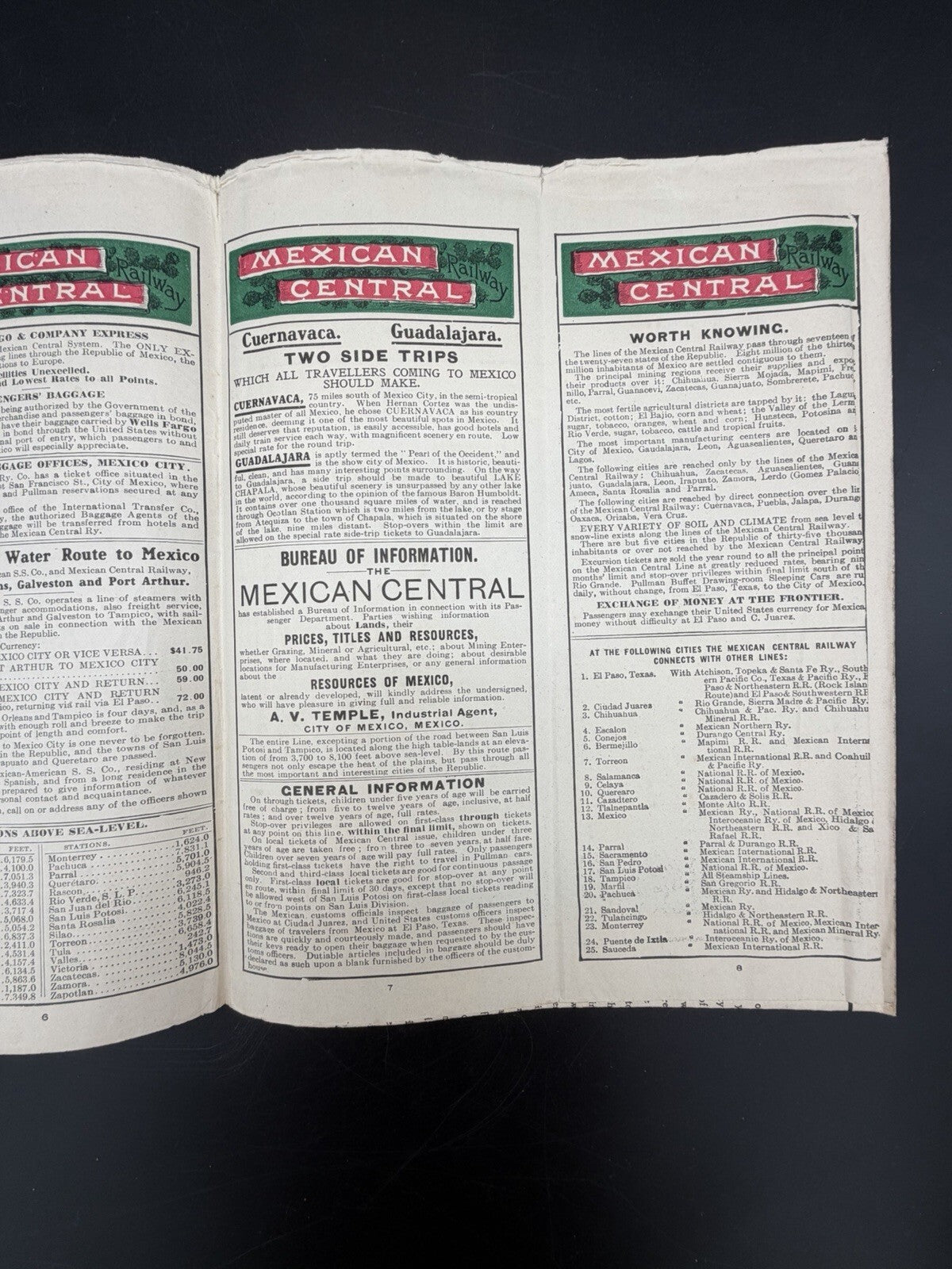 1906 Mexican Central Railway Ephemera Map & Schedule Vintage Railroad Ephemera