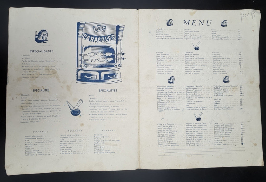 Vintage Ephemera Los Caracoles Restaurant Menu Barcelona Casa Bofarull 1835