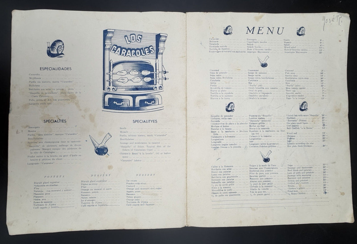 Vintage Ephemera Los Caracoles Restaurant Menu Barcelona Casa Bofarull 1835