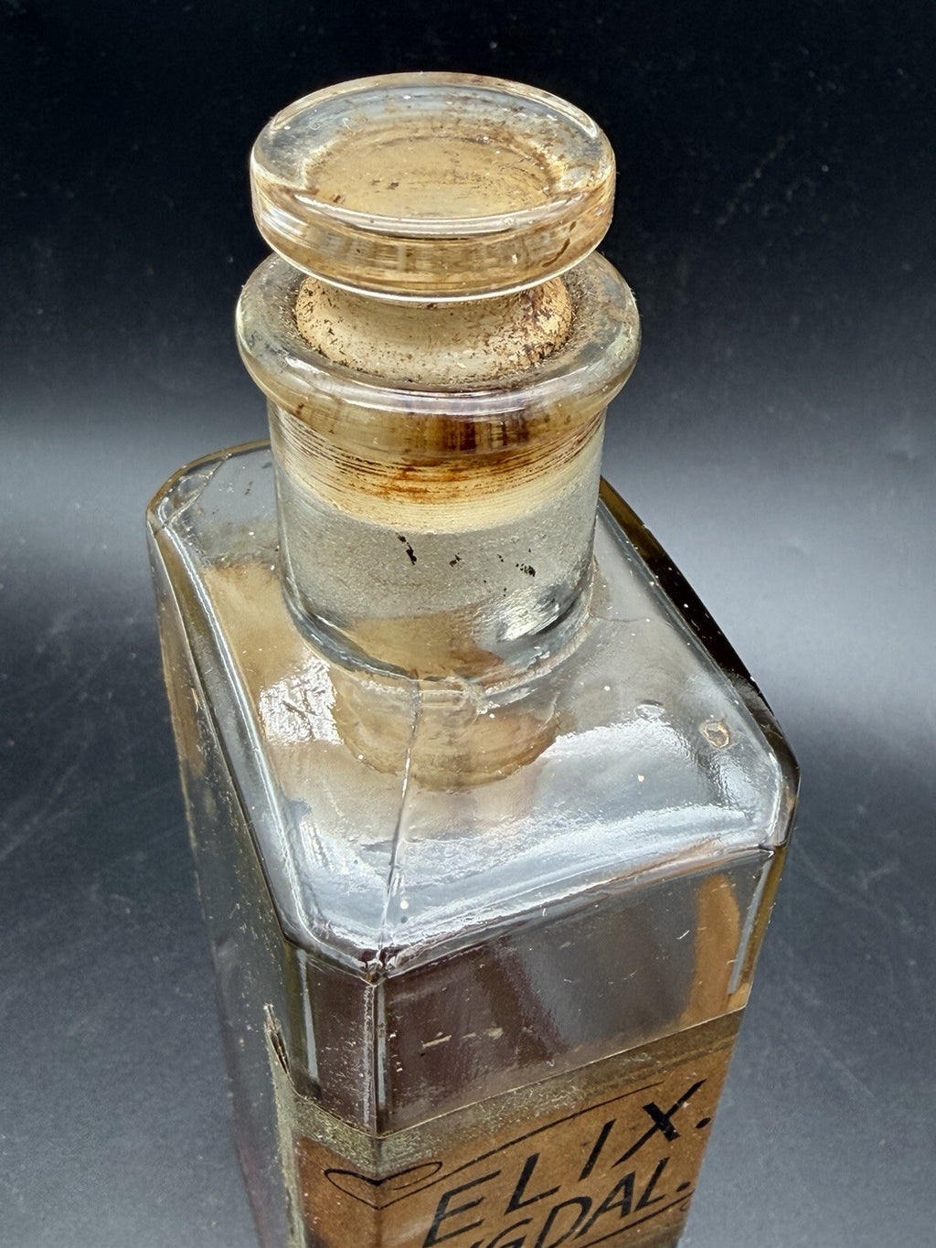 Antique Apothecary "Elix. Amygdal. Co." Old Pharmacy Bottle with Glass Stopper