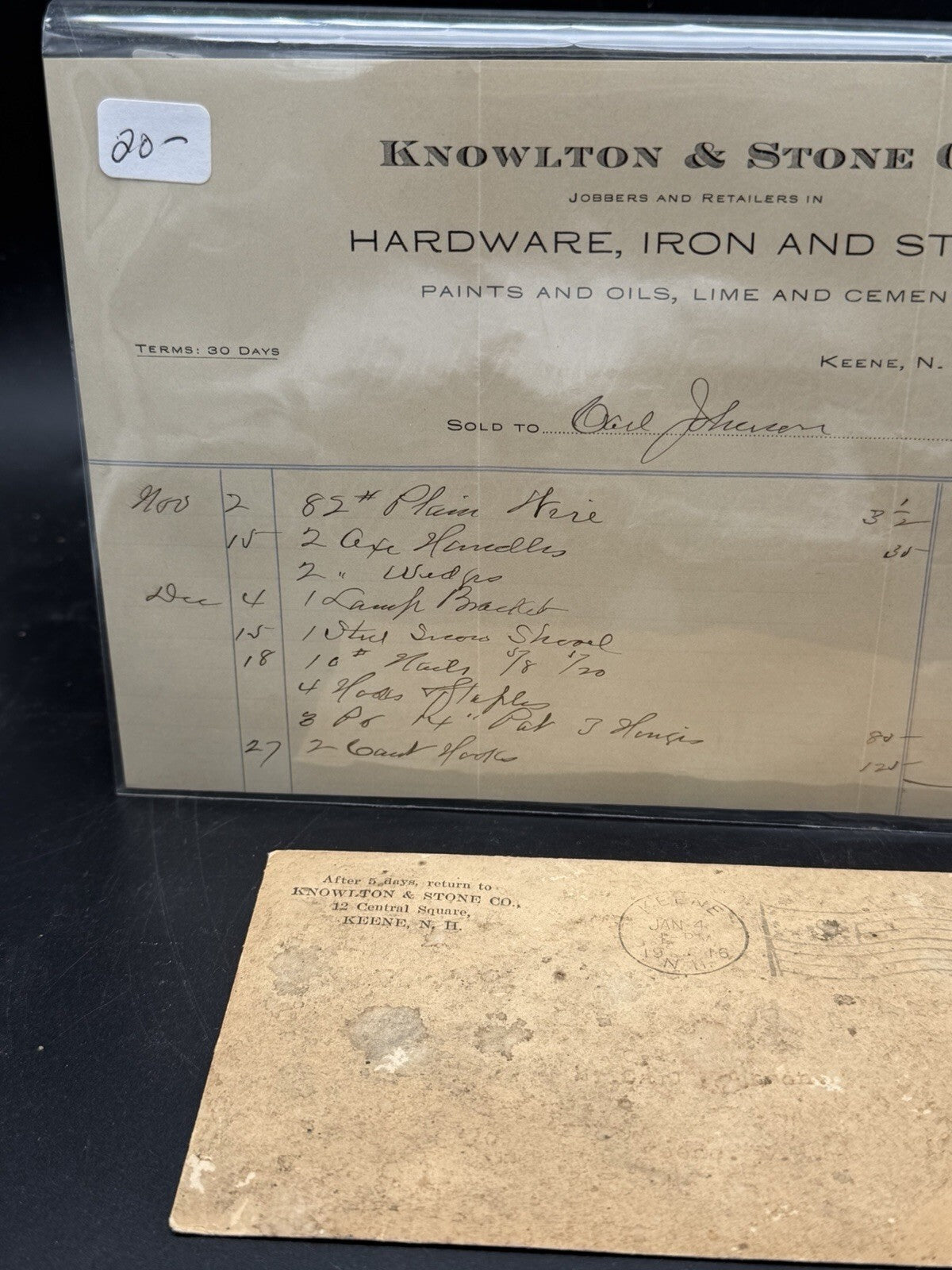 1916 Knowlton and Stone Co. Invoice & Envelope – Keene NH Hardware Ephemera