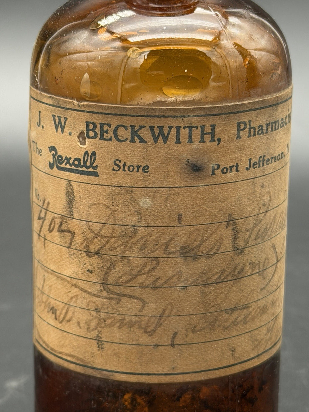 Antique J.W. Beckwith Rexall Store Port Jefferson NY Amber Quack Medicine Bottle