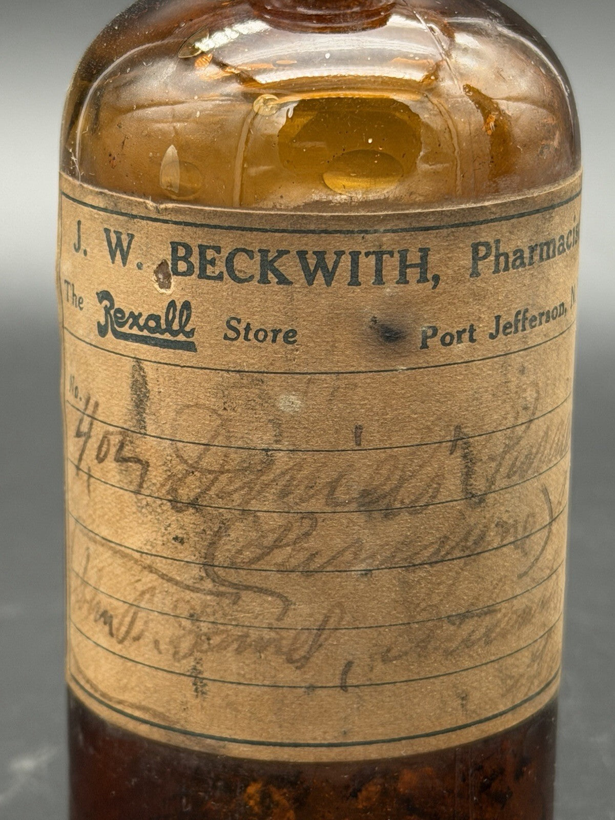 Antique J.W. Beckwith Rexall Store Port Jefferson NY Amber Quack Medicine Bottle