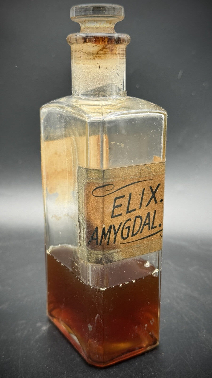 Antique Apothecary "Elix. Amygdal. Co." Old Pharmacy Bottle with Glass Stopper