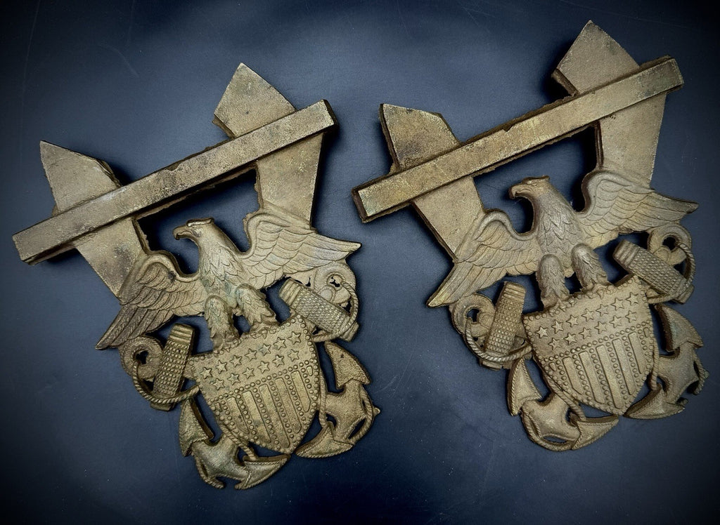 Pair Vintage Cast Brass US Navy Anchor Eagle Shield Wall Plaques 10" Crest