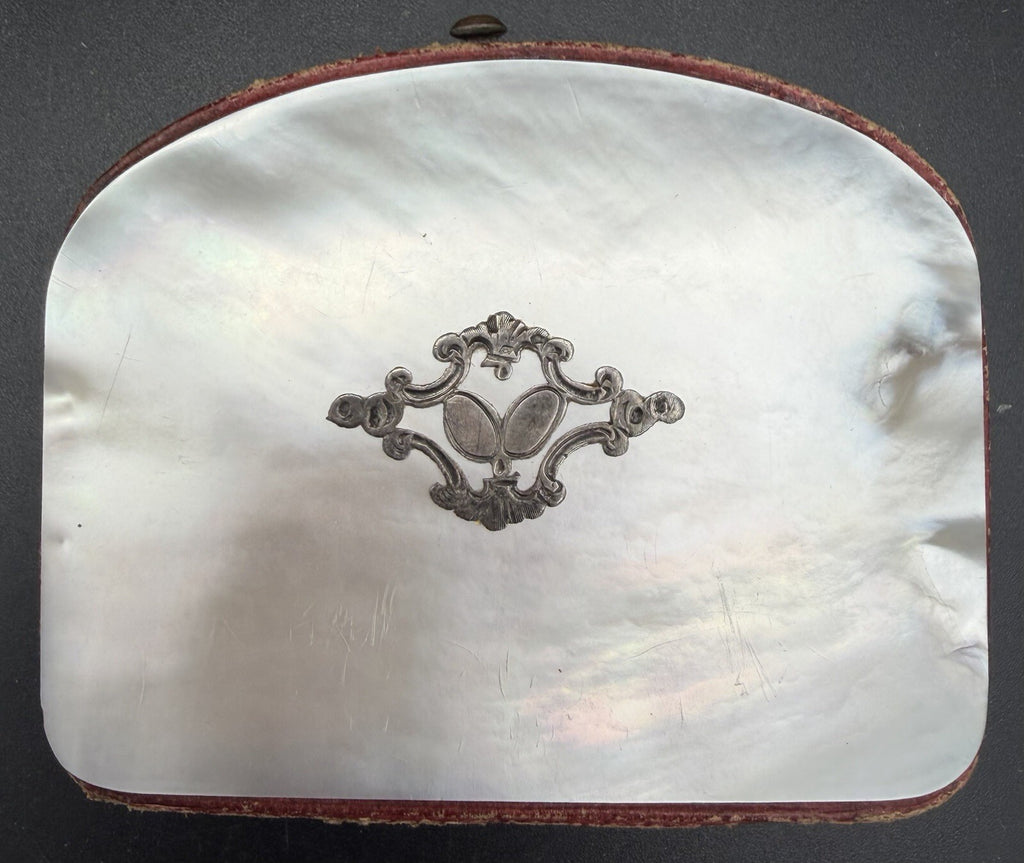 Antique Victorian Mother of Pearl Coin Purse Silver Cartouche Red Silk Interior