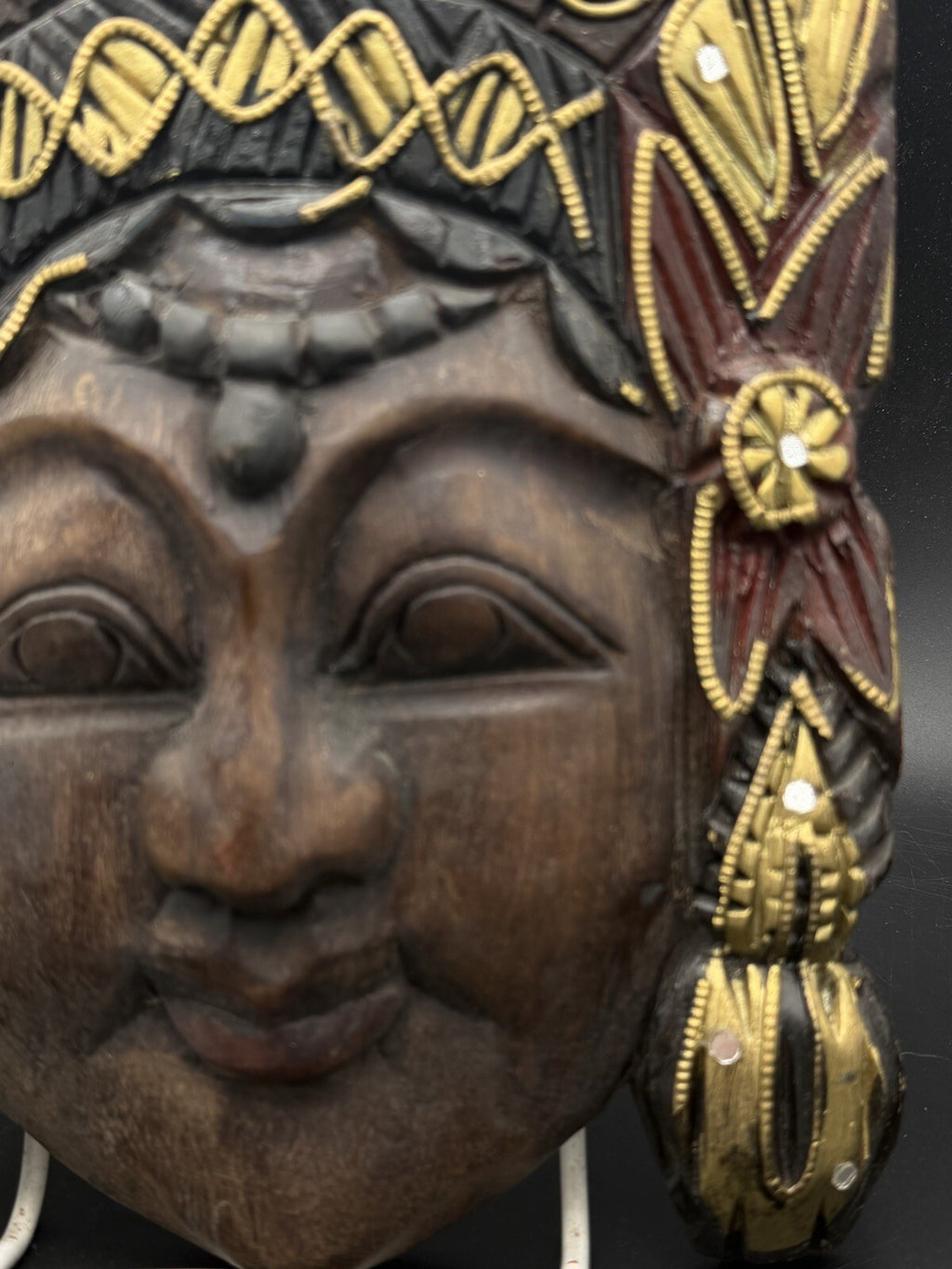 Vintage Balinese Wooden Mask Hand Carved Goddess Mirror Inlays Gold Painted 10"