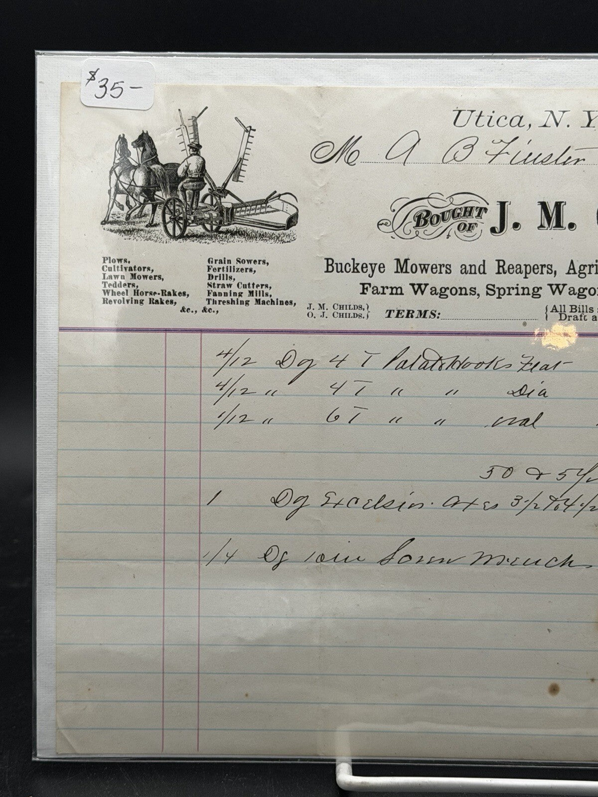 1879 J.M. Childs and Co. Invoice Billhead – Utica NY Buckeye Mower Farm Implements Art