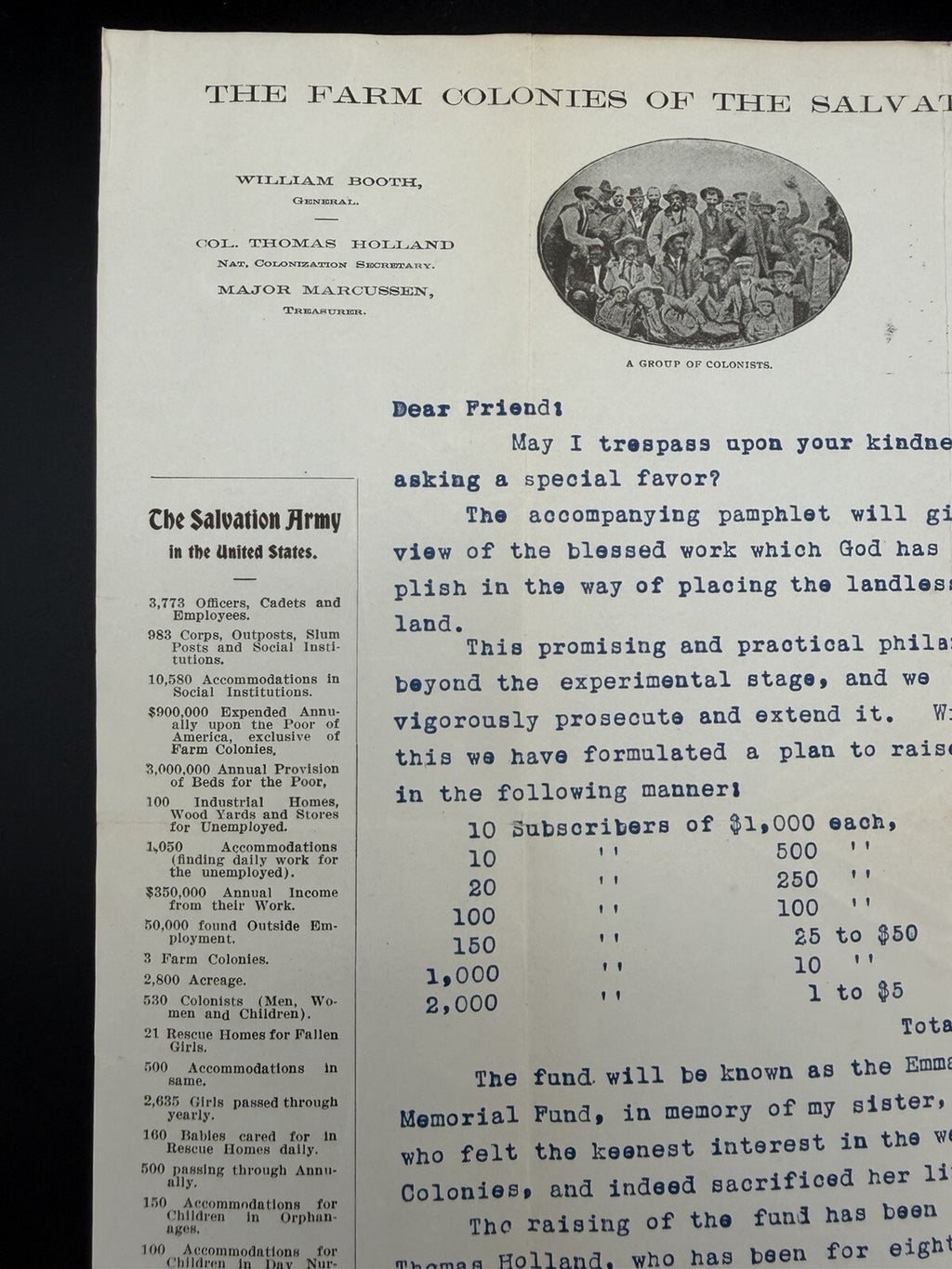 Rare 1900s Signed Evangeline Booth Salvation Army Farm Colony Letter & Stats