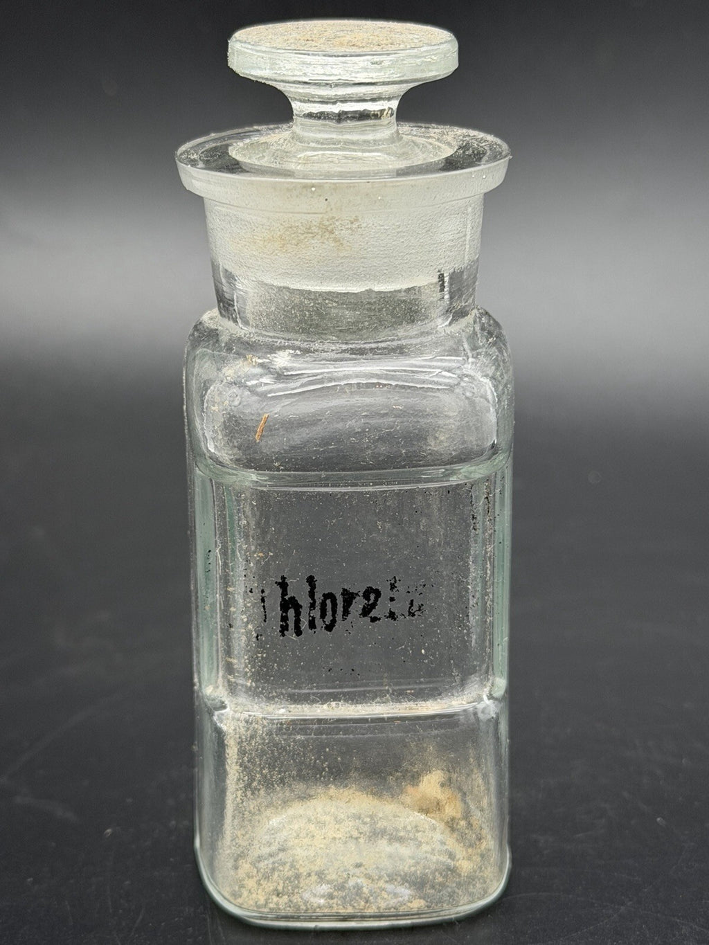 Antique Glass Apothecary Bottle Matching Ground Stopper Chlorate Label Vintage