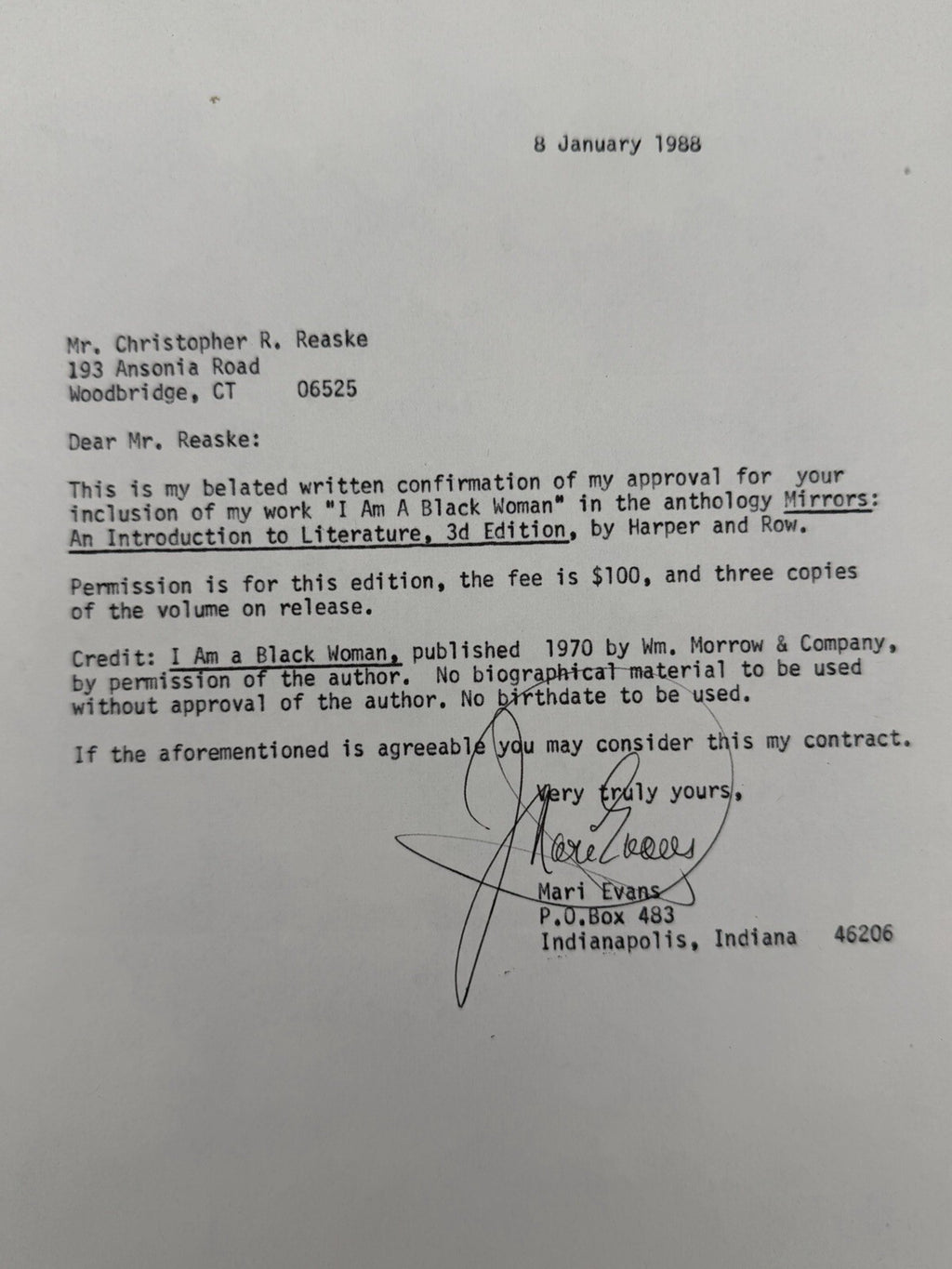 1988 Signed Author Mari Evans Letter "I Am A Black Woman" W/ Original Envelope
