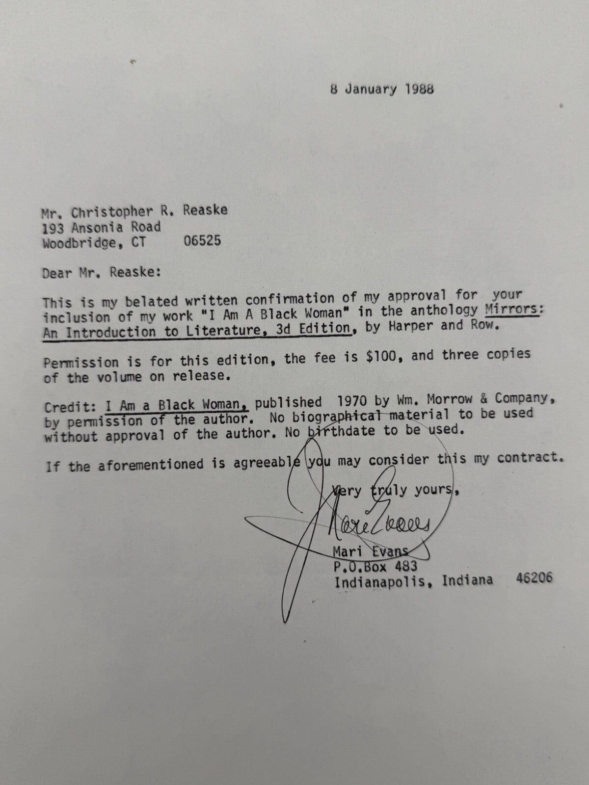 1988 Signed Author Mari Evans Letter "I Am A Black Woman" W/ Original Envelope