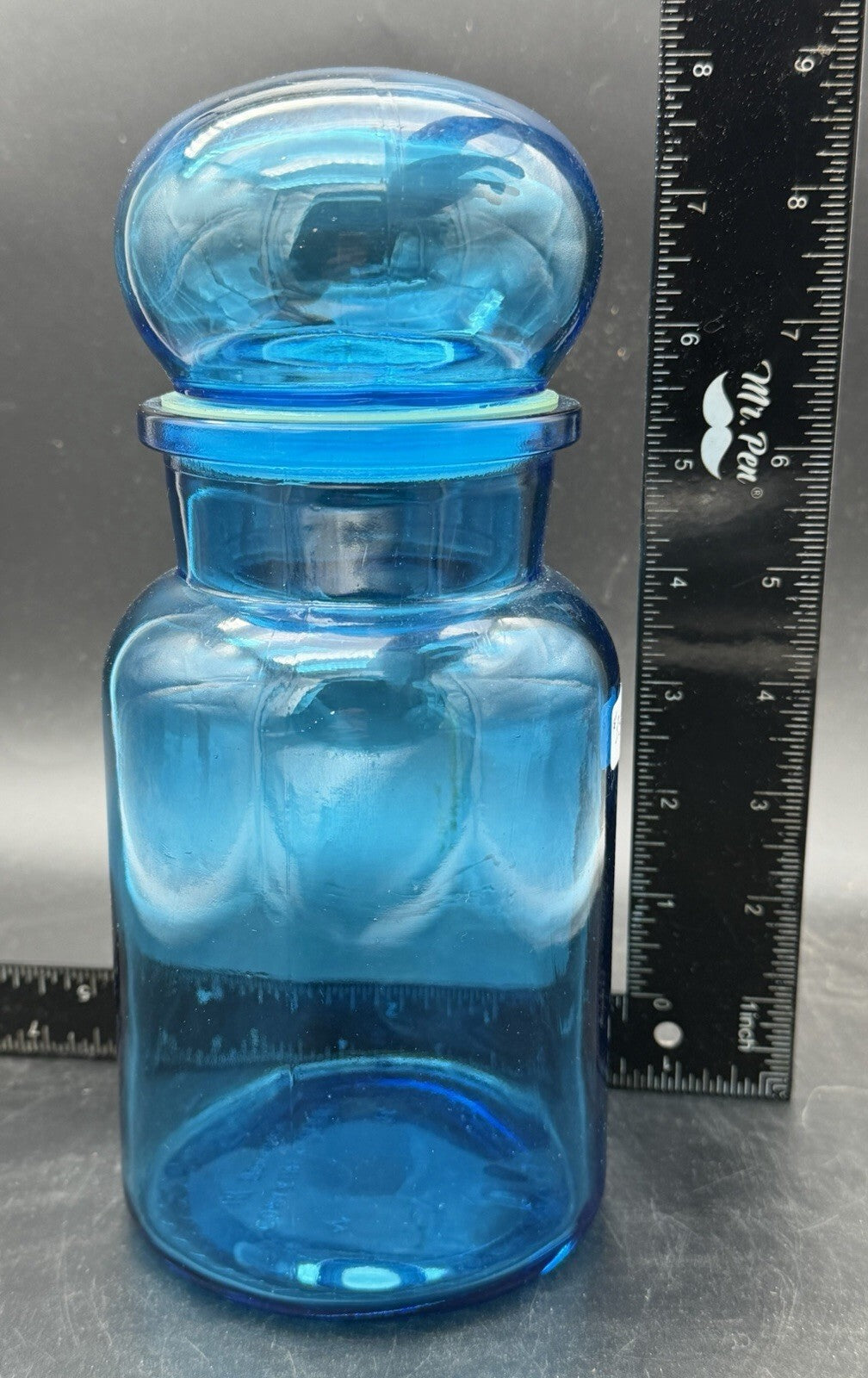Vintage Blue Glass Apothecary Jar Ground Stopper Lid Scientific Canister 7"