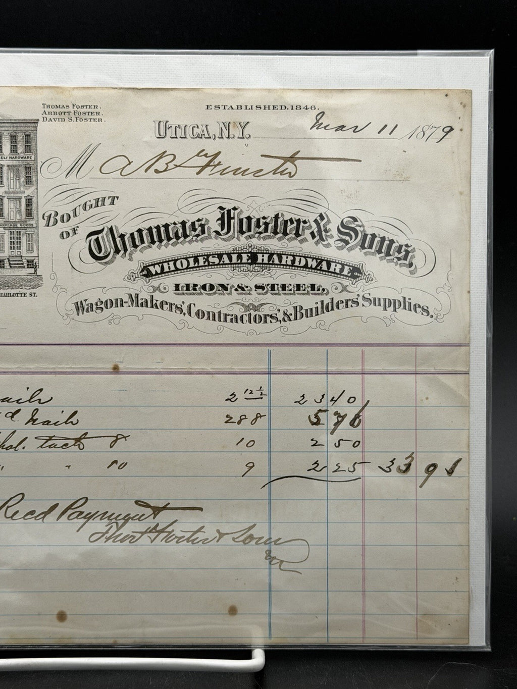 1879 Thomas Foster and Sons Invoice – Utica NY Wholesale Hardware Store Art
