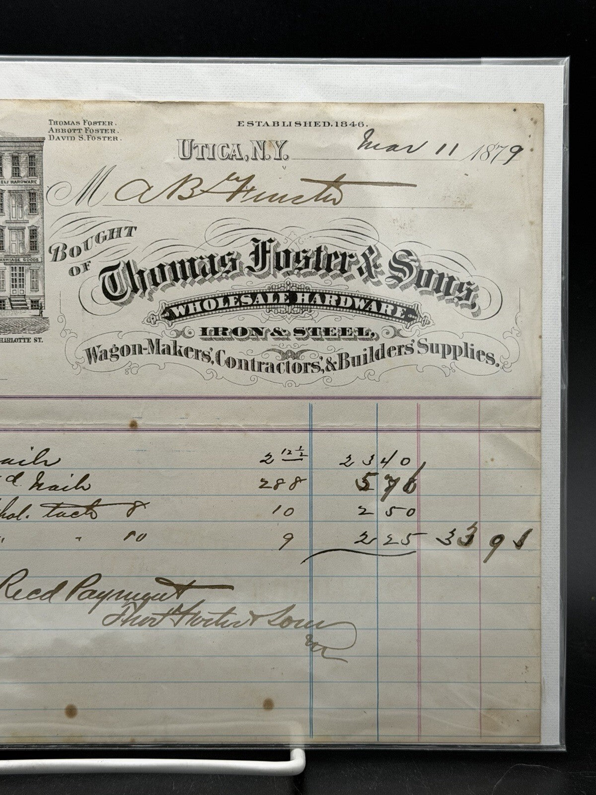 1879 Thomas Foster and Sons Invoice – Utica NY Wholesale Hardware Store Art