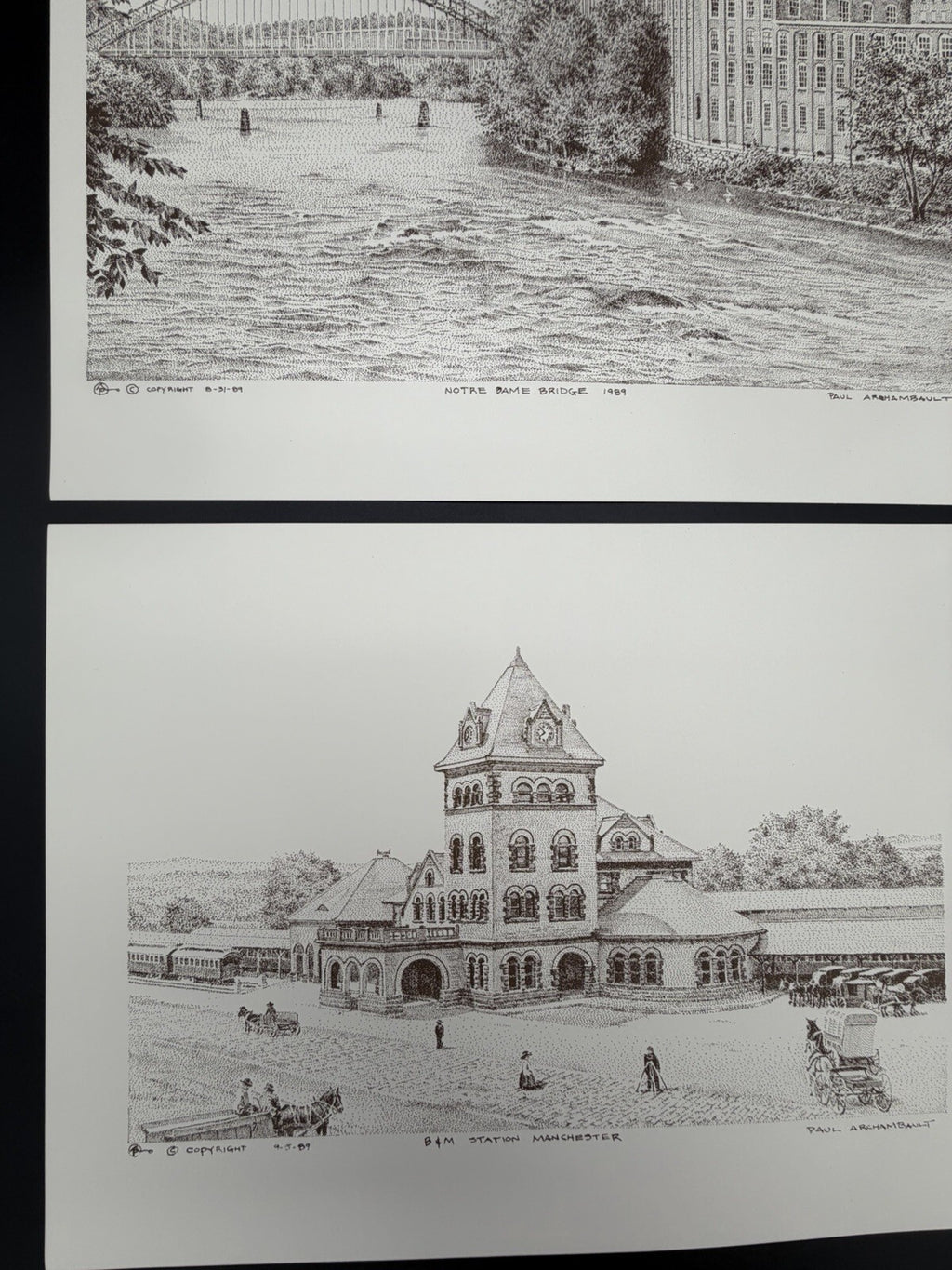 Vintage 1989 Paul Archambault Pen & Ink Art Prints - Manchester NH B&M Station