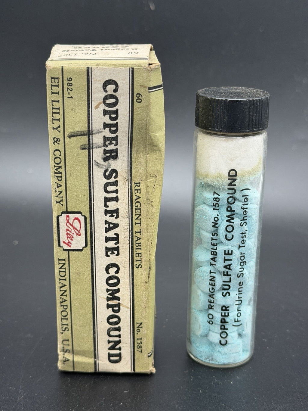 Vintage Eli Lilly Copper Sulfate Compound No. 1587 Reagent Tablets Vial & Box