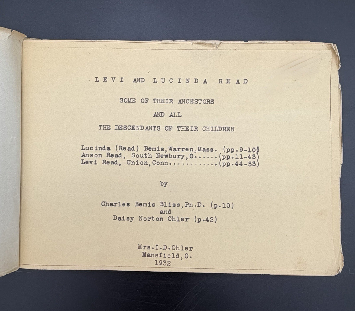 1932 Levi and Lucinda Read Ancestors and Descendants Family Genealogy Book