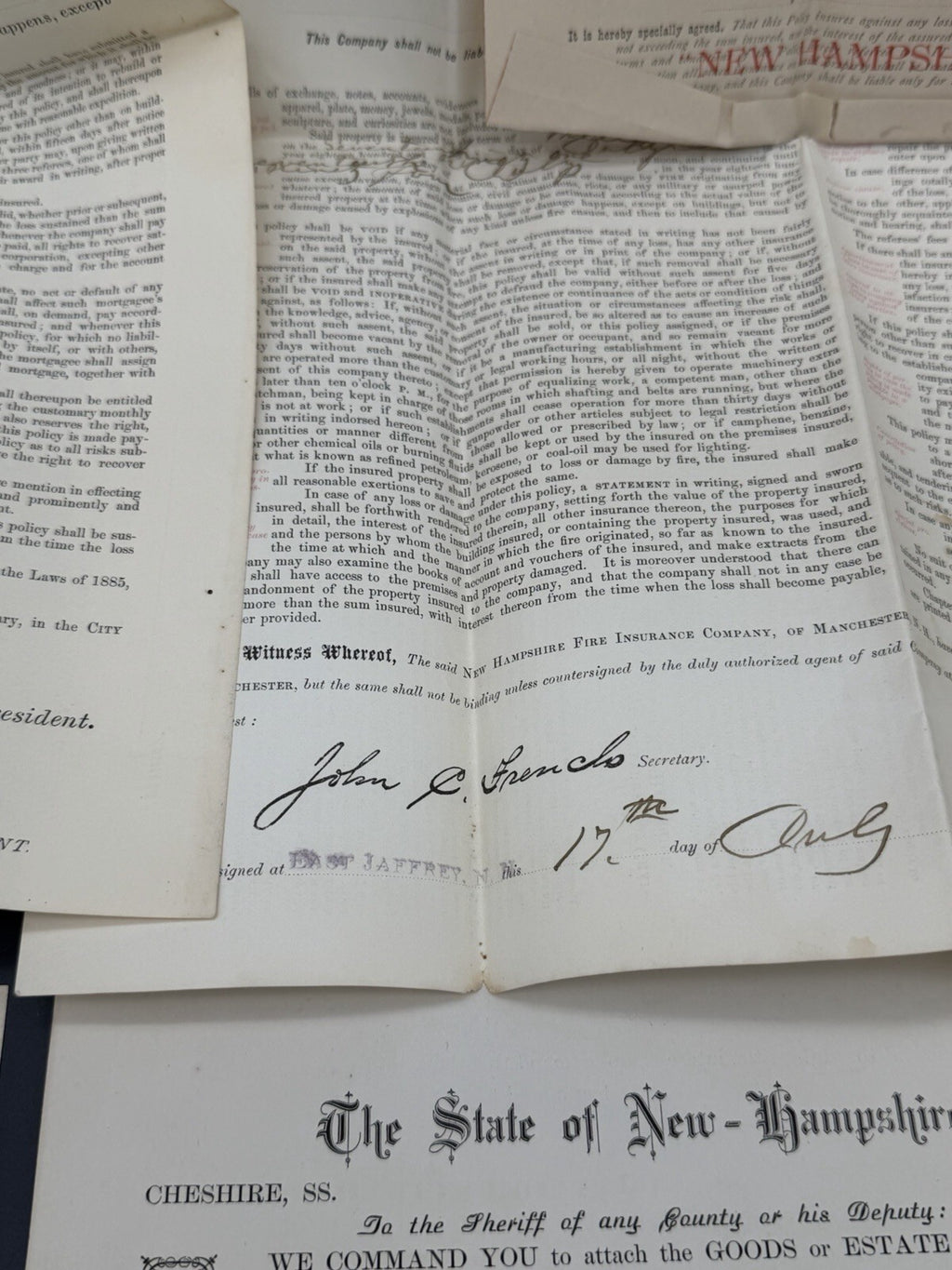 Antique 1880s NH Ephemera Lot: Insurance Policies, Handwritten Letter, Legal Doc