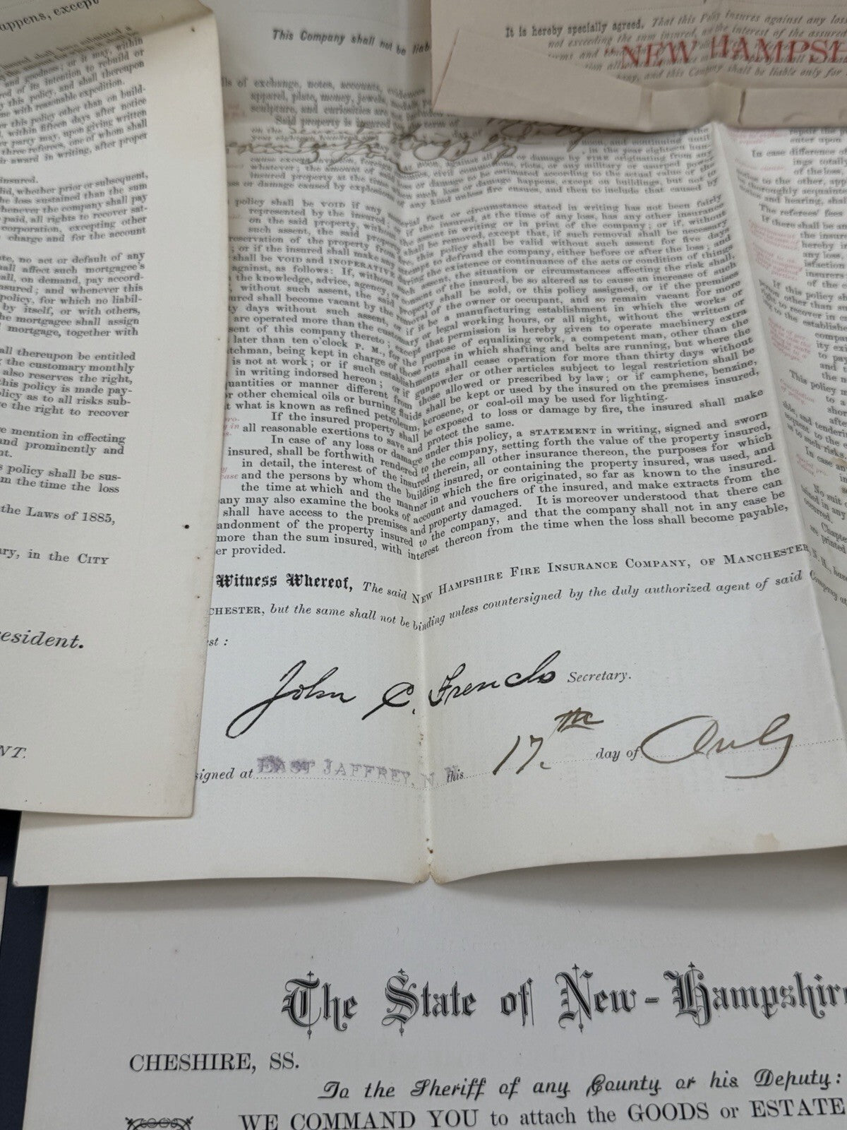 Antique 1880s NH Ephemera Lot: Insurance Policies, Handwritten Letter, Legal Doc