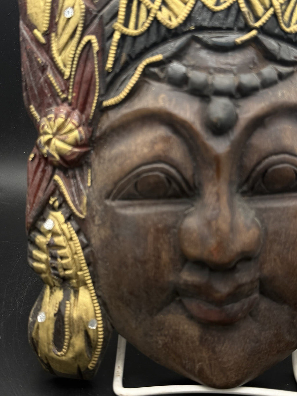 Vintage Balinese Wooden Mask Hand Carved Goddess Mirror Inlays Gold Painted 10"