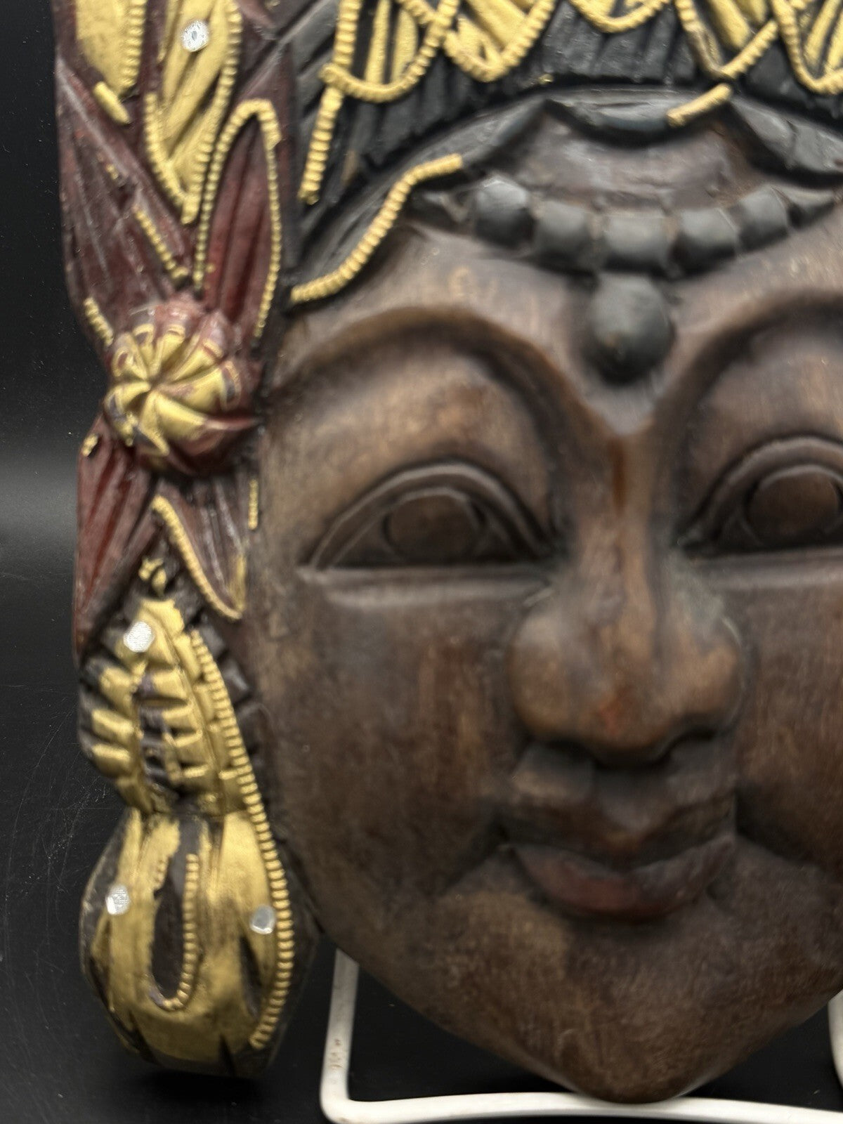 Vintage Balinese Wooden Mask Hand Carved Goddess Mirror Inlays Gold Painted 10"