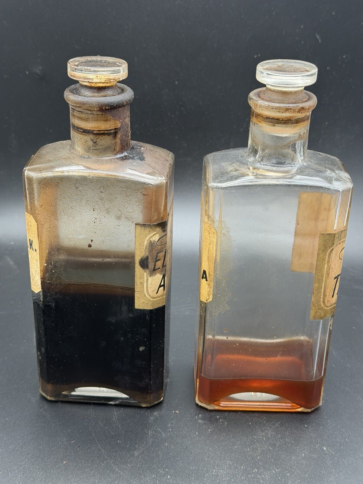 Pair Antique Apothecary Bottles Tincture Cimicifuga & Elixir Cinchona