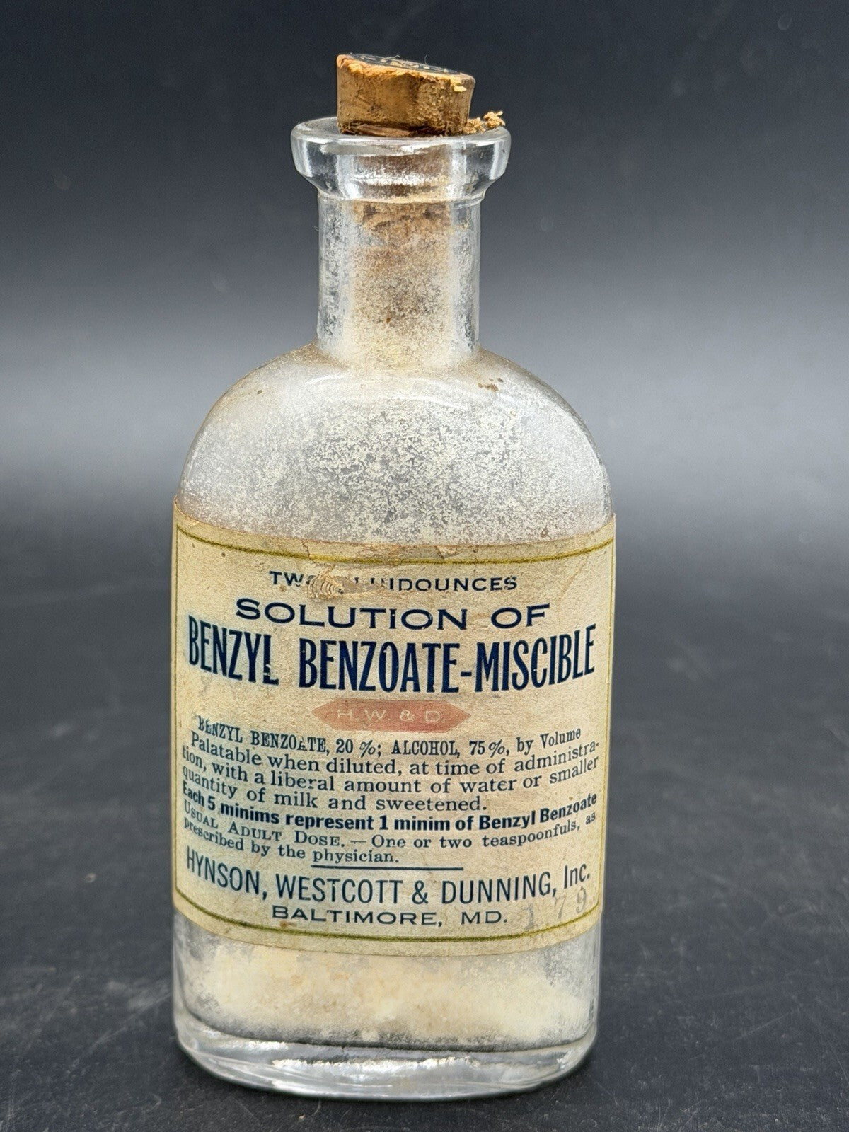 Antique Hynson Westcott & Dunning Solution of Benzyl Benzoate Bottle