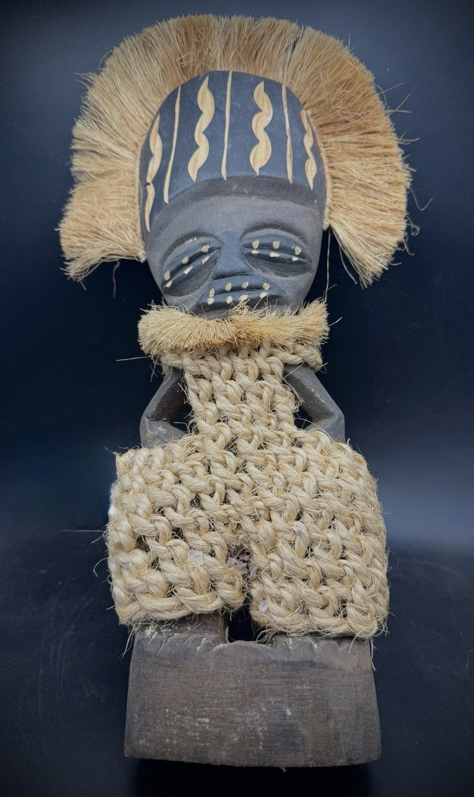Vintage African Carved Wood Figure Raffia Tribal Statue Ritual Mask 16" Large
