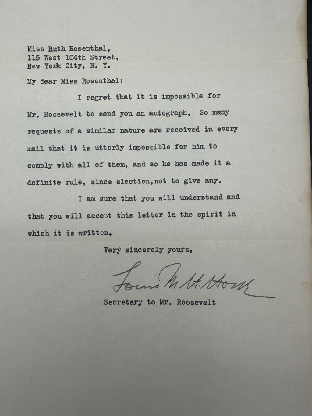 1930s Letter Signed by Louis Howe, Secretary to FDR - Denying Autograph Request