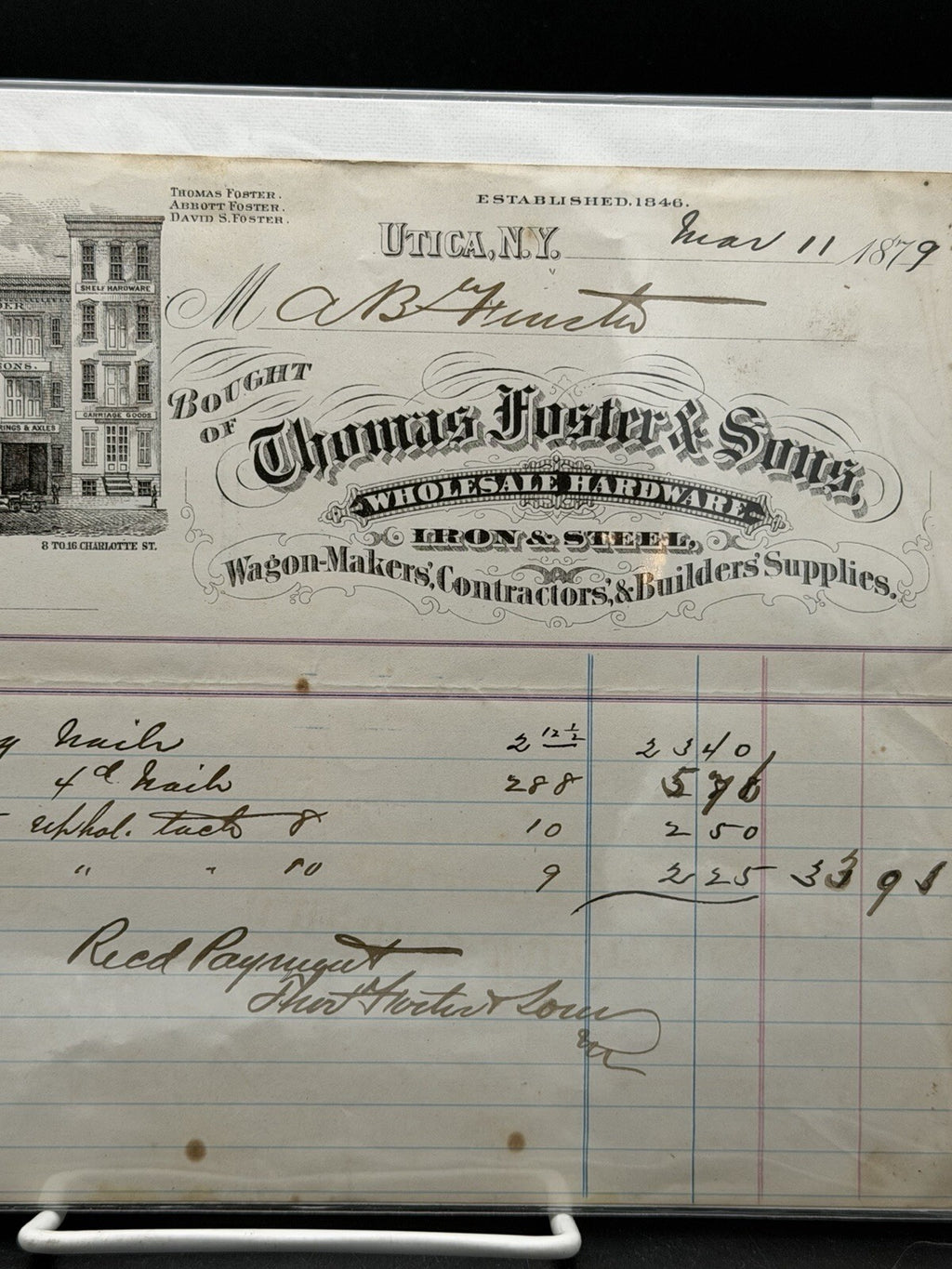 1879 Thomas Foster and Sons Invoice – Utica NY Wholesale Hardware Store Art
