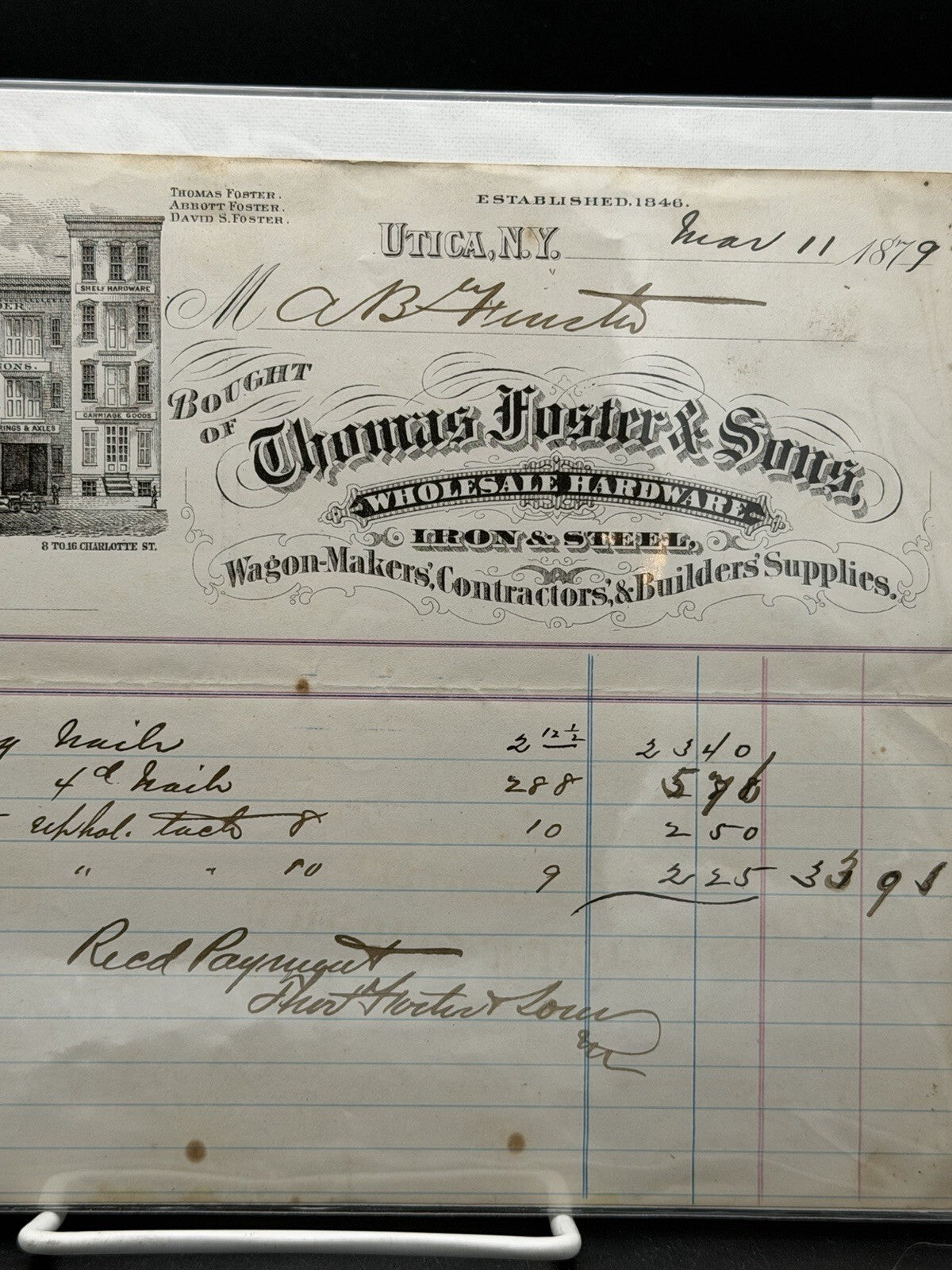 1879 Thomas Foster and Sons Invoice – Utica NY Wholesale Hardware Store Art