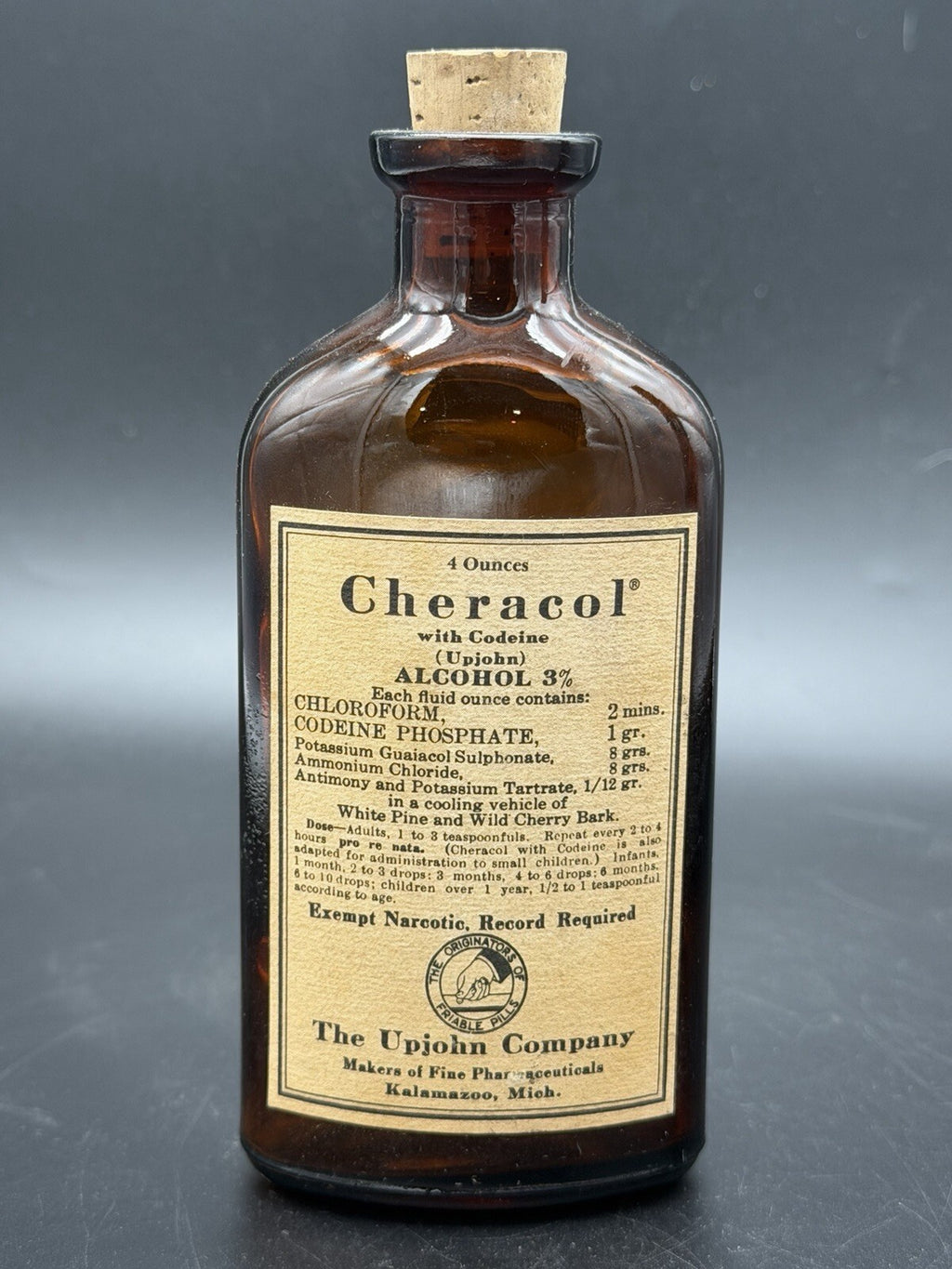 Vintage Upjohn Cheracol with Codeine 4 Oz Amber Medicine Bottle Original Label