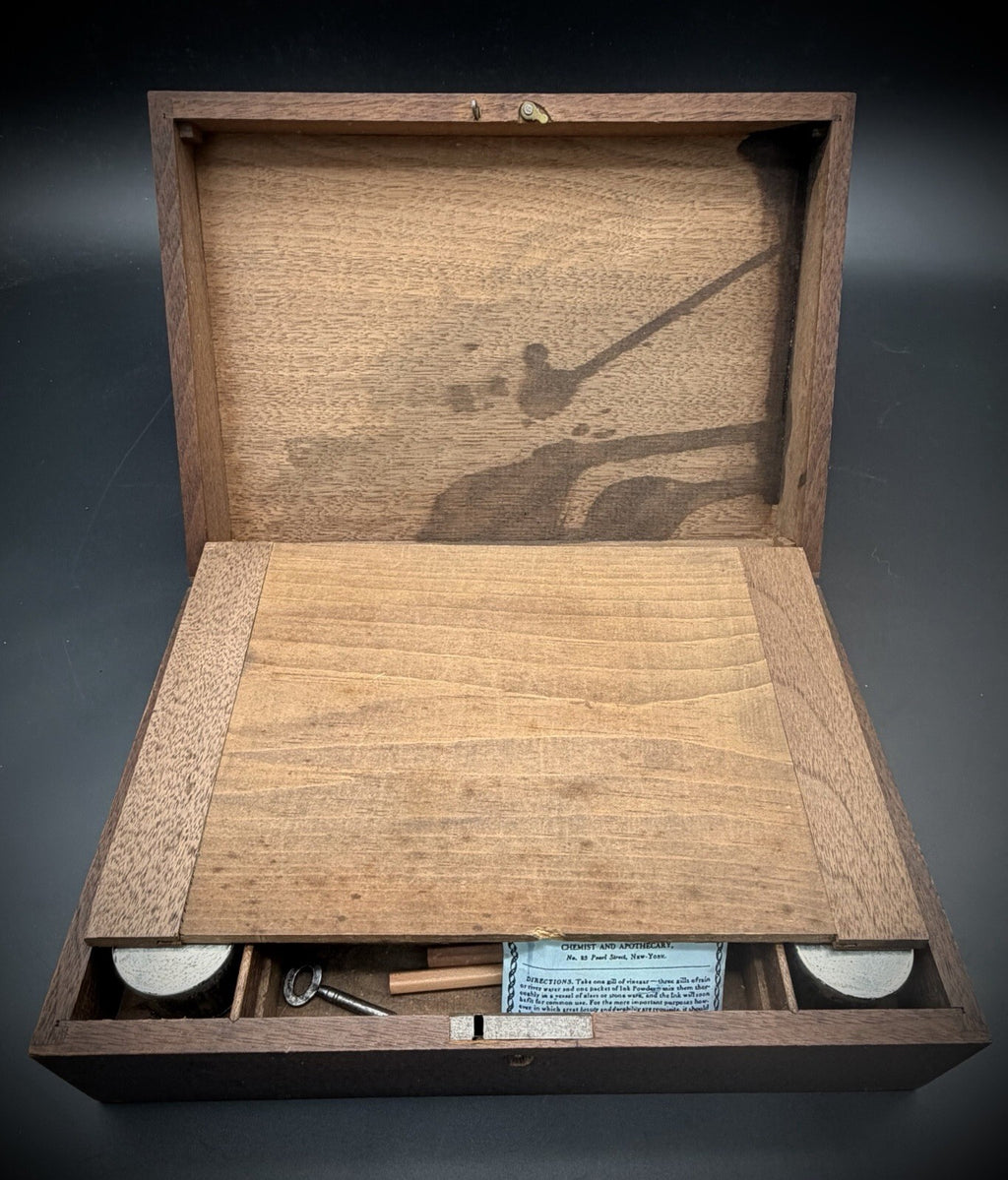 Antique 19th Century Wooden Writing Box T. Walters Chemist Ink Powder & Pen Set