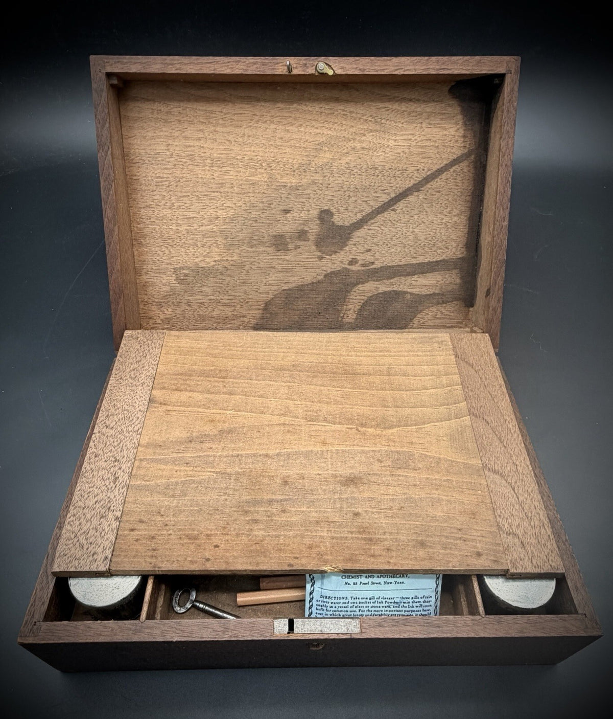 Antique 19th Century Wooden Writing Box T. Walters Chemist Ink Powder & Pen Set