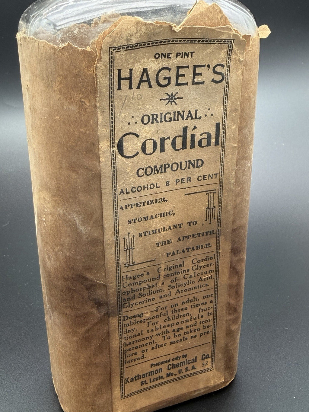 Antique Hagee's Original Cordial Medicine Bottle Paper Wrapper Katharmon Co.